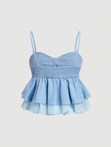 Tween Girl Sweet Ruffle Trim Camisole Tank Top, Summer - Baby Blue - View 2