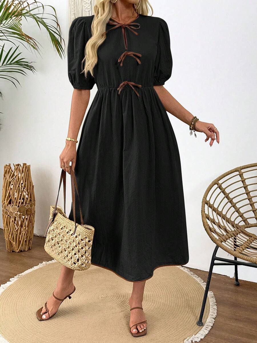 SHEIN LUNE 夏季优雅正式修身收腰中长连衣裙，饰有蝴蝶结，休闲风格 - 黑色 - 查看 1