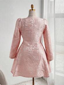 Flirla Vestido de talla grande con cuello cuadrado elegante, estampado jacquard y botones delanteros - Rosa vieja - Ver 4