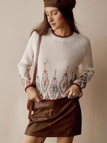 Florisole Áo len dệt kim cổ tròn tay raglan phối màu cổ điển - trắng - Xem 4