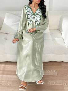 Yasmyna 女士优雅V领长袖亮片蝴蝶连衣裙 - 綠色 - 查看 5