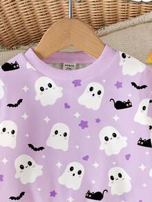SHEIN Baby Girl Casual Cute Cartoon Halloween Ghost Print Purple Crew Neck Sweatshirt, Autumn/Winter, For Halloween Party Fall - Multicolor - View 5