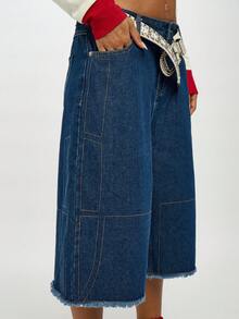 SUMWON WOMEN Wide Leg Baggy Denim Jorts With Raw Edge Hem Detail Casual Cutoff Bermuda Culottes Street Style Y2K Fashion Loose Fit Knee Length Relaxed Bottoms - Blue - View 7