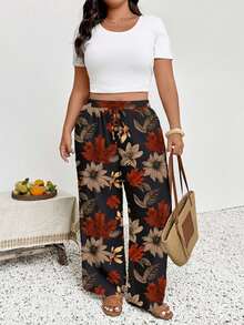 SHEIN Frenchy 大码女装，新款春夏商务休闲女装，沙滩装，情人节时尚，时尚通勤，优雅复古秋叶图案阔腿裤带口袋 - 彩色 - 查看 5