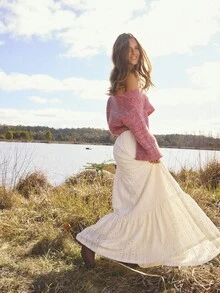 Aralina Fall Winter Lace Textured Fabric Stretch Tiered Flowing Boho Cute Going Out Maxi Skirt