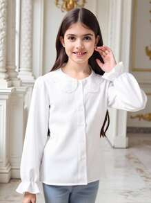 SHEIN Tween Girl Ruffle Collar Petal Trim White Blouse Suitable For Back To School - White - View 10