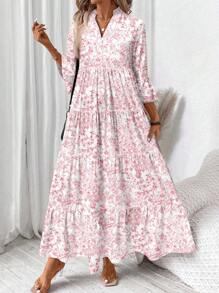 SHEIN LUNE Váy dài tay cổ chữ V họa tiết hoa màu nước dành cho nữ, phù hợp cho mùa hè - Nhiều màu - Xem 1