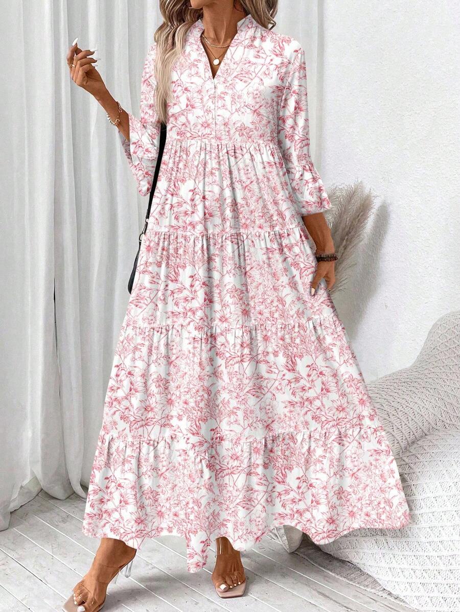 SHEIN LUNE Váy dài tay cổ chữ V họa tiết hoa màu nước dành cho nữ, phù hợp cho mùa hè - Nhiều màu - Xem 1