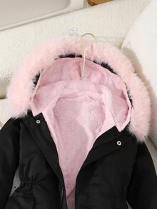 SHEIN 女童保暖内衬厚毛领长款拉链夹克，带口袋，时尚优雅经典外套，适合外出、舞会，舒适又时尚