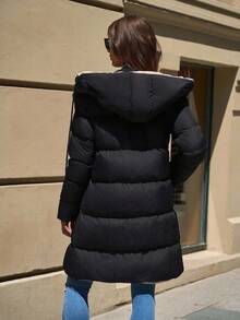 SHEIN Tall Two-Tone Hooded Pocket Zipper Stand Collar Mid-Length Padded Coat