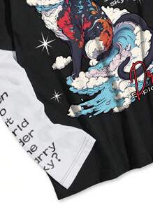 ROMWE MEN Anime Men's Black & White 2 In 1 Long Sleeve T-Shirt, Casual & Comfortable, Autumn/Winter, Starry Cat Print - Black and White - View 6