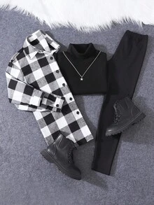 SHEIN Sparklyn 3 件套女童休闲格子衬衫（带口袋）、长袖上衣和紧身裤，适合年龄较大的青少年女孩 - 黑色 - 查看 1