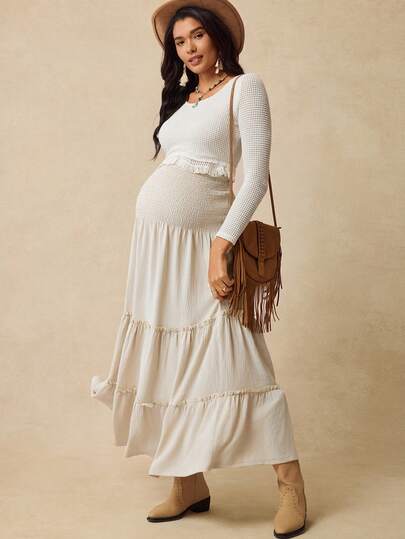 Boho Mama Maternity Fringe Hem Round Neck Long Sleeve Top And Skirt Two Pieces Set
