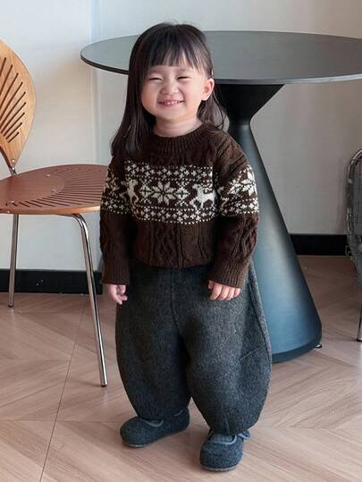 DAZY Baby Girls' Crew Neck Contrast Color Cartoon Print Long Sleeve Sweater Fall,Winter