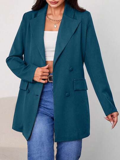 EURMUSE Women's Solid Color Lapel NeckLong Sleeve Double-Breasted Casual Blazer, Autumn