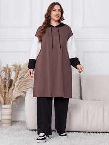 Lacomfia Bộ 2 món áo hoodie tay dài và quần dài họa tiết chắp vá màu trơn cỡ lớn - Bụi hồng - Xem 3