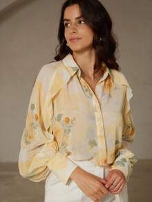 GENKIRA 复古奶油黄浪漫玫瑰花卉随机水彩印花荷叶边宽松蝙蝠袖衬衫 - 黃色 - 查看 3