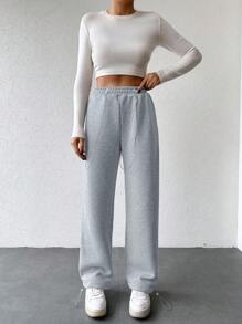 SHEIN Cottnline Ladies' Solid Color Drawstring Waist Sweatpants - Light Grey - View 5