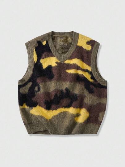 Street Life Herren gestrickter Camouflage Intarsia Loose V-Ausschnitt Lässig Pullunder, Herbst Winter