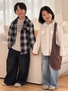 Genkimix Kids 2 件年轻男孩时尚格子衬衫 + 宽松工装口袋水洗牛仔裤套装，休闲时尚，春秋 - 黑色 - 查看 3