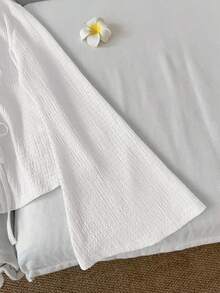 SHEIN LUNE Áo nữ tay loe màu trơn dáng rộng, áo sơ mi trắng thắt nơ phía trước, áo kiểu thắt nơ cổ chữ V, áo trắng nữ, áo sơ mi trắng, áo kiểu thường ngày. - trắng - Xem 4