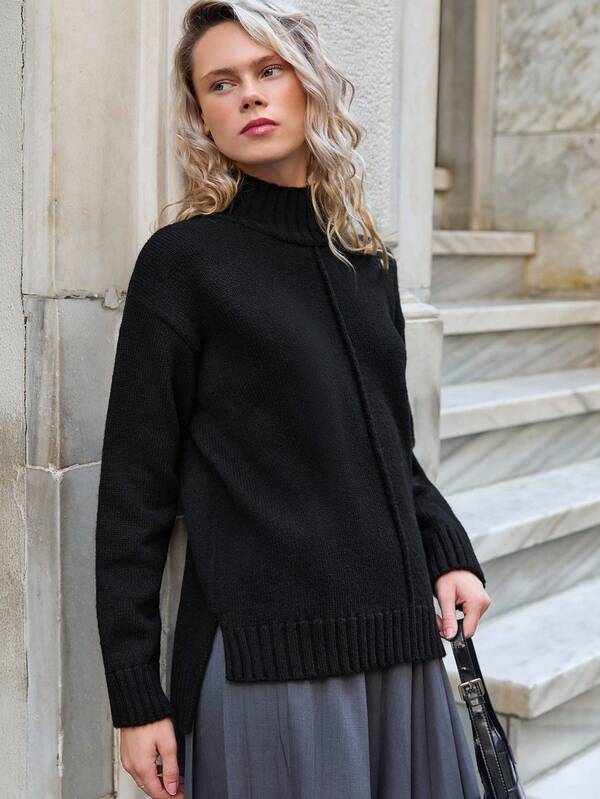 EURMUSE Women Solid Color Mock Neck Exposed Seam Detailed Drop Shoulder Pullover Black Turtleneck Sweater Women Women's Black Sweater Turtleneck Jumper Women Black Jumper Women Black Knit Sweater Women,Jumpers,Women's Jumpers