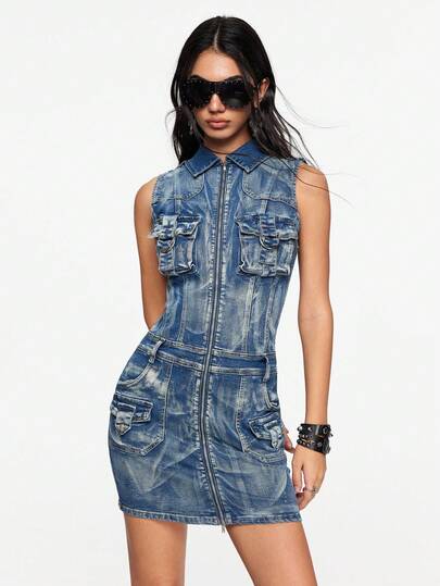 Grunge Punk Y2K Retro Washed Denim Cropped Fitted Low Waist Mini Dress For Women