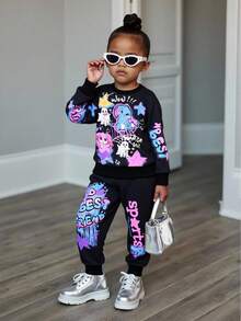 SHEIN 2 piezas Conjunto de sudadera con estampado de graffiti para niñas, conjunto deportivo de otoño - Negro - Ver 3