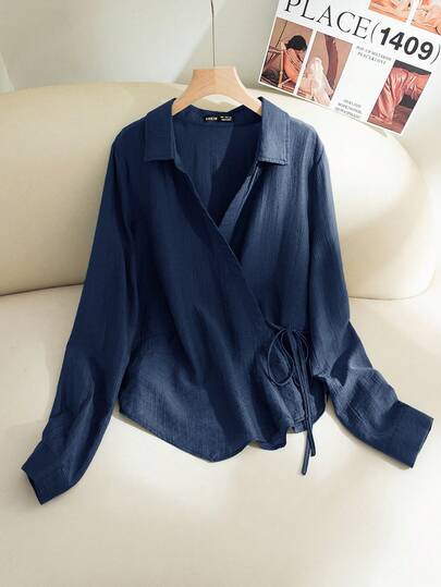 Modelyn 女士纯色简约长袖衬衫，休闲日常穿着