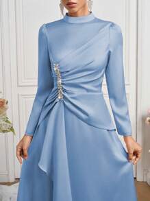 Coutiva Đầm dài tay cổ đứng thanh lịch thời trang mới - Màu xanh nhạt - Xem 5