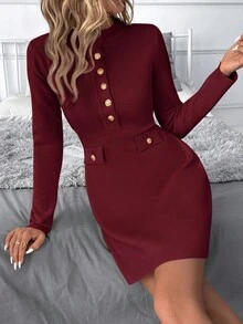 SHEIN Clasi 女士优雅通勤纽扣装饰短款针织毛衣裙 - 酒紅色 - 查看 7
