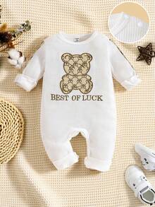 SHEIN 1件婴儿男女通用新生儿泰迪熊刺绣针织华夫格长袖露肩纽扣连体衣，男婴泰迪熊套装，婴儿套装1-12个月，休闲百搭婴儿连体衣熊新生儿服装男女通用中性婴儿服装男女通用泰迪熊婴儿服装白色婴儿连体衣婴儿连体衣男女通用婴儿服装 - 彩色 - 查看 3