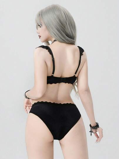 Goth Gothic Lace Trim Velvet Spider Pendant Underwire Bra & Panty Lingerie Set