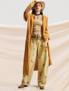 Easelle 女牛仔西部复古休闲串珠流苏细节连帽姜黄色长款毛衣，秋冬乡村音乐会 - 棕色 - 查看 2