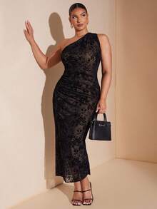 SHEIN BAE Plus Size Women Flocked Asymmetric One-Shoulder Dress, Black/Valentine's Day, Satin Dresses, Asymmetric Off-Shoulder One-Shoulder Dress Plus Size  Dresses, Asymmetric Neckline,/ Winter /Fall Clothes For Women/Halloween/Christmas Outfit Women/Elegant Outfit For Party/Curvy Party Dresses/Wedding Guest Dress For Women/Going Out Outfit/Civil Wedding/Casual Dresses For Women/Plus Size Formal Dress/Curve/Homecoming/Birthday Dresses For Women - Black - View 7