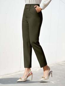 EURMUSE Pantalones de traje de unicolor y sencillo para mujer - Verde militar - Ver 5