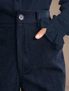 Anewsta 女士海军蓝灯芯绒喇叭裤，铆钉口袋设计，优雅商务休闲风，适合春秋季穿着 - 藏蓝色 - 查看 5