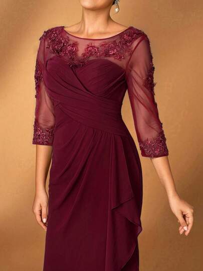 Serin 女士优雅灰粉色雪纺面料圆领透明长袖褶饰亮片贴花微美人鱼下摆连衣裙，适合新娘母亲参加婚礼、正式活动、音乐节、派对