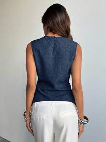 Aloruh 女士优雅通勤修身交叉腰纯色海军蓝衬衫 - 藏蓝色 - 查看 2