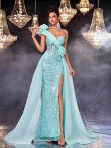 Glamrae Thanh lịch, Lãng mạn, Sang trọng, Trang nghiêm, Xanh lam, Lấp lánh, Không quai, Thắt eo, Xếp ly, Nàng tiên cá, Đuôi tàu, Váy dạ hội, Hoàn hảo cho Tiệc sinh nhật, Hẹn hò, Đám cưới, Dịp trang trọng, Váy dạ hội - Màu xanh ngọc - Xem 1
