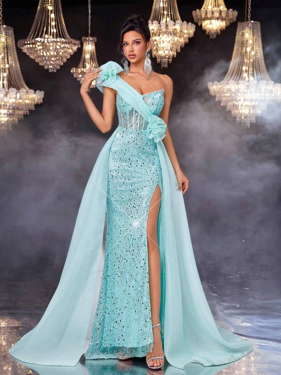 Glamrae Thanh lịch, Lãng mạn, Sang trọng, Trang nghiêm, Xanh lam, Lấp lánh, Không quai, Thắt eo, Xếp ly, Nàng tiên cá, Đuôi tàu, Váy dạ hội, Hoàn hảo cho Tiệc sinh nhật, Hẹn hò, Đám cưới, Dịp trang trọng, Váy dạ hội - Màu xanh ngọc - Xem 1