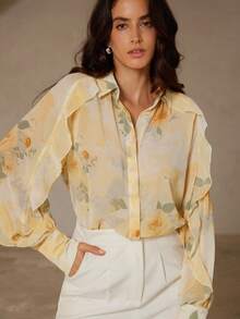 GENKIRA 复古奶油黄浪漫玫瑰花卉随机水彩印花荷叶边宽松蝙蝠袖衬衫 - 黃色 - 查看 7