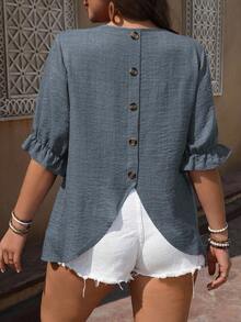Linhara Plus Size Women Tie Sleeve Decorative Button Design Shirt - Dusty Blue - View 4