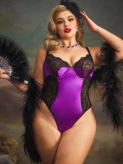Plus Size Women Contrast Lace Sexy Lingerie Bodysuit