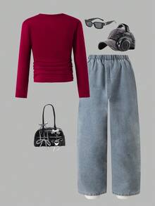 Sparklyn 女孩秋冬两件套，酒红色可爱蝴蝶结印花长袖 T 恤 + 刺绣蝴蝶结牛仔裤休闲装，适合日常、旅行、度假、万圣节 - 酒紅色 - 查看 2