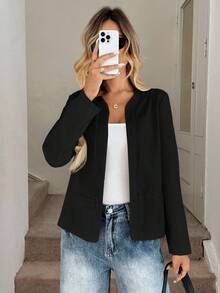 SHEIN LUNE 女式休闲工作夹克，前开襟，小立领和口袋，秋季无领西装外套短款西装外套黑色西装外套女式前开襟西装外套女式西装外套 - 黑色 - 查看 1