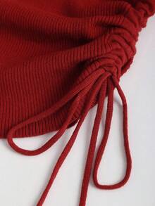 Sweetra Nouveau Top tricoté ajusté avec taille cintrée, épaule asymétrique et décorations de boutons, en rouge ample - Rouge - Voir 4