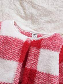 SHEIN 6個月-9歲女嬰秋季套裝 2件組 休閒可愛風 刷毛外套上衣＋喇叭褲 生日紅色格紋 - 紅色 - 查看 3