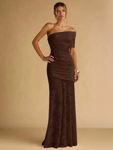 SHEIN BAE Women's Elegant Party Solid Color Lace Dress,Prom Dress,Fall Wedding Guest Dress,Wedding Guest Dress Women,Elegant Dresses For Party,Valentine's Day,Valentine Outfits For Women - Coffee Brown - View 5