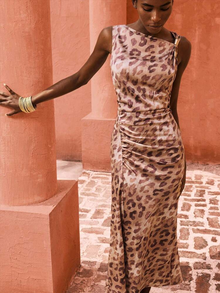 SHEIN Maija Outfit Deas For Dress,Women's Leopard Print Pleated Asymmetric Neck Sleeveless Dress,Vacation Outfit,Festival Dresses ,Elegant Dresses For Party,Elegant Dresses For Ladies Beach Summer Holiday Beach Vacation Summer Going Out Graduation